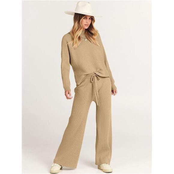 Women's Two Piece Outfit Crop Top Wide Leg Pants Cozy Knit Sweater Set - Picture 3 of 7